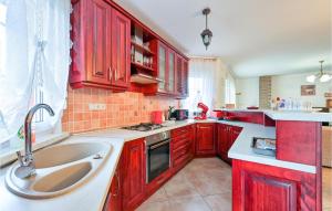 a kitchen with red cabinets and a sink at Lovely Home In Mali Bukovec With Jacuzzi 