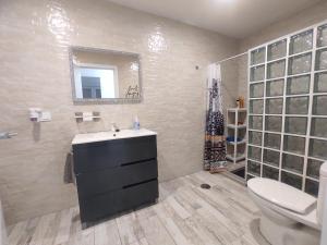 ein Badezimmer mit einem Waschbecken, einem WC und einem Spiegel in der Unterkunft Apto con Hidromasaje sweet Charco by flamingo house in Arrecife
