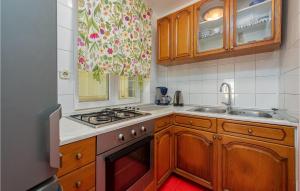 Elle comprend une petite cuisine avec des placards en bois et un évier. dans l'établissement Beautiful Apartment In Nin With Wifi, à Nin