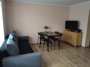 a living room with a couch and a table and a tv at Apartamenty Dominik in Wiele