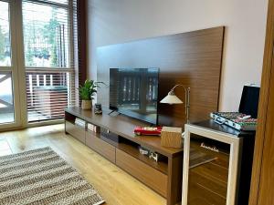 a living room with a large entertainment center with a television at APARTMÁN MEZONET DONOVALY Plesnivec in Donovaly