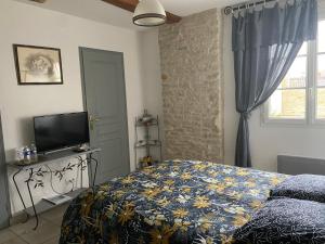 1 dormitorio con 1 cama y TV de pantalla plana en Les Lavandières, en Saint-Hilaire-la-Palud