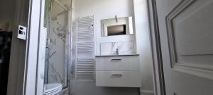 een badkamer met een toilet, een wastafel en een spiegel bij Vittel Studio neuf en Centre-ville idéal curiste in Vittel