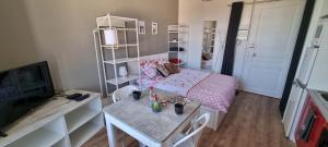 een slaapkamer met een bed, een tafel en een televisie bij Vittel Studio neuf en Centre-ville idéal curiste in Vittel