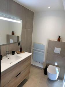 ein Badezimmer mit einem Waschbecken, einem WC und einem Spiegel in der Unterkunft Gîte "Villa Belle Vie" in Labaroche
