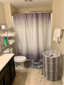 a bathroom with a toilet and a shower curtain at A Cozy /Luxury One bedroom in Downtown Indy in Indianapolis