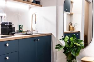 uma cozinha com armários azuis, um espelho e uma planta em Blue Truffle em Atenas