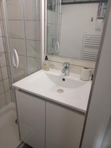 een witte badkamer met een wastafel en een spiegel bij Joli studio res au calme en rez de jardin à Bandol. in Bandol