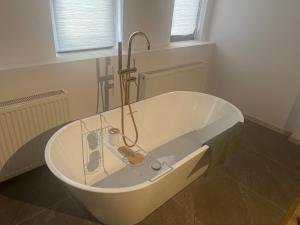 a bath tub with a faucet in a bathroom at Green Home in Miercurea-Ciuc