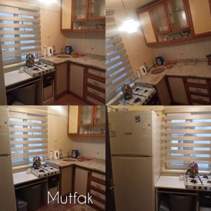 four pictures of a kitchen with a stove and a refrigerator at This house is Not active in Altındağ