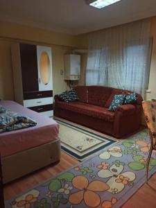 uma sala de estar com um sofá, um sofá e um tapete em This house is Not active em Altındağ