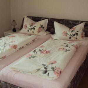 two twin beds with floral sheets and pillows at Appartementhaus Scholz in Egglfing