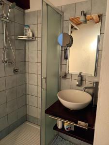 La casa di Sergio في Bauladu: حمام مع حوض ودش مع مرآة