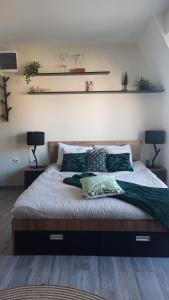 een slaapkamer met een groot bed met 2 lampen erop bij Sunny Woods Apartment in Divčibare