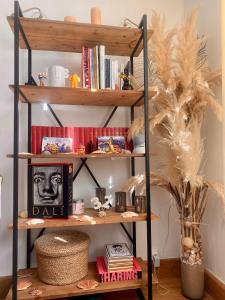 a book shelf with books and other items on it at Les mouettes de Trouville in Trouville-sur-Mer