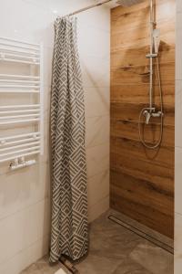eine Dusche im Bad mit einer Holztür in der Unterkunft Kaszubski Raj in Chmielno