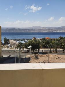 widok na ocean i plażę z palmami w obiekcie العاصم للشقق الفندقية ALASEM HOTEL APARTMENTS w Akabie