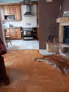 a living room with a fireplace and a kitchen with a floor at Apartament 65 m2 w centrum Łowicza in Łowicz