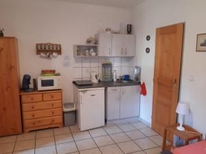 a kitchen with a white refrigerator and a microwave at Penzion Montana in Nýrsko