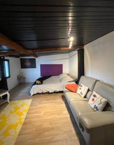 salon z kanapą i łóżkiem w obiekcie Le Clos de l'Olivier w mieście Alès +34 zdjęcia