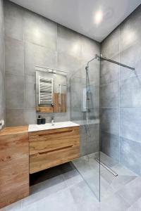 a bathroom with a sink and a shower at SKi&bike apartments Laguna Zarzecze in Zarzecze