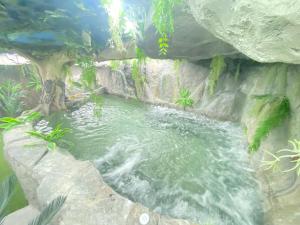una piscina de agua en un acuario con rocas en Futurotel Space Spa Garden en Granada