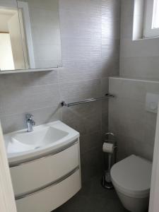 een badkamer met een witte wastafel en een toilet bij Apartman Branka in Rab