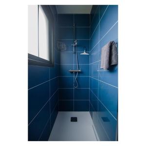 a blue tiled bathroom with a shower and a window at Les Callunes chambres d'hôtes et location meublée à 800 m de la plage ! in Lanton