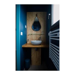 a bathroom with a sink and a mirror at Les Callunes chambres d'hôtes et location meublée à 800 m de la plage ! in Lanton