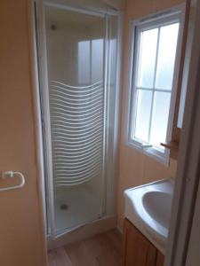a bathroom with a shower and a sink at Bungalow au bord de la piscine 4 pers 5A in Burinhosa