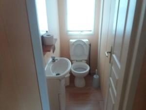 een badkamer met een toilet, een wastafel en een raam bij Bungalow au bord de la piscine 4 pers 5A in Burinhosa