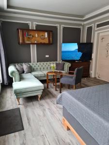 a living room with a couch and a tv at Apartment Alte Schusterei in Freiberg