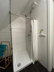 ein Bad mit Dusche und Duschvorhang in der Unterkunft Apartments Wassermühle Stenten in Alt Duvenstedt