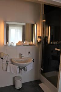 a bathroom with a sink and a mirror and a shower at La Clef D'Or Auberge Communale in Bursinel