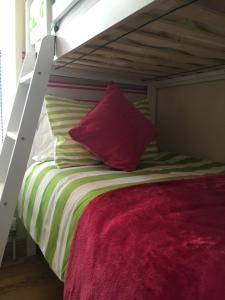 sypialnia z łóżkiem piętrowym i czerwoną poduszką w obiekcie Apiary Mews w mieście Newcastle