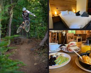 a collage of pictures with a man on a bike and a bed and food at Las Bravas Lodge in Las Trancas