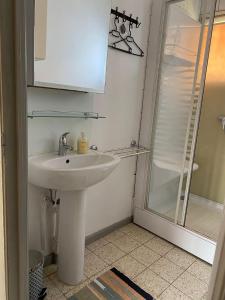Un baño blanco con lavabo y ducha. en Au Bout du Monde, en Hastière-par-delà