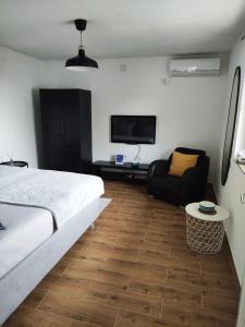 a bedroom with a bed and a couch and a television at Apartman Ela in Banja Luka