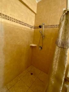 a shower with a shower curtain in a bathroom at Retiro de la Pasión Segundo in Destino