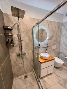 a bathroom with a shower and a toilet and a sink at Casa de Tres Hermanos in the heart of Athens in Athens