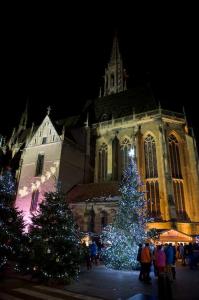 una iglesia con árboles de Navidad delante de un edificio en Gite Staufen, en Thann