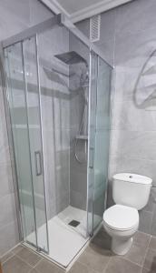 a shower stall in a bathroom with a toilet at Apartamento Plasencia Illuminati in Plasencia