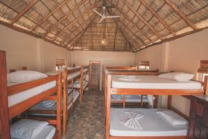 ein Zimmer mit einem Haufen Etagenbetten in der Unterkunft The Barrel Hostel in Popoyo