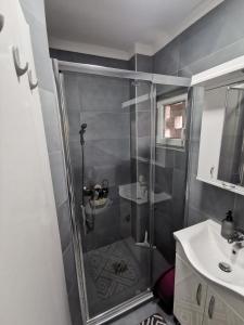 スボティツァにあるNacional 2 apartmanのバスルーム(ガラスドア付きのシャワー付)