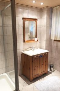 a bathroom with a sink and a mirror and a tub at Haus Jäger Ruheoase im Grünen in Lohfelden