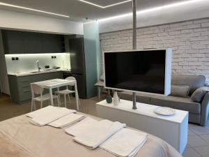 un soggiorno con una grande TV a schermo piatto di NAFPAKTOS-luxury suite a Nafpaktos
