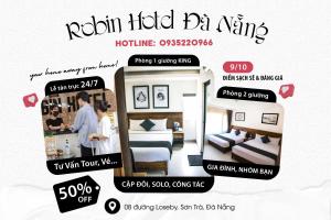 um folheto de um quarto de hotel com uma cama em Robin Hotel Danang em Da Nang
