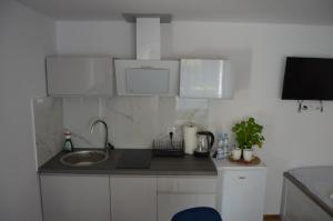 a kitchen with a sink and a counter top at U Rybaka in Braniewo