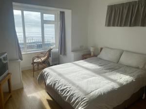 a bedroom with a bed and a large window at ONeills Apartments in Ballyheigue