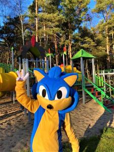 a person dressed in a fox mascot standing in front of a playground at Domki Fala in Dąbki